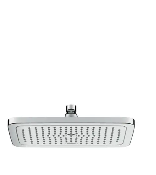 Hansgrohe Kopfbrause mit rechteckigem, flachem Design und zahlreichen Wasserauslässen, montiert an einem schlichten, verchromten Halterung.